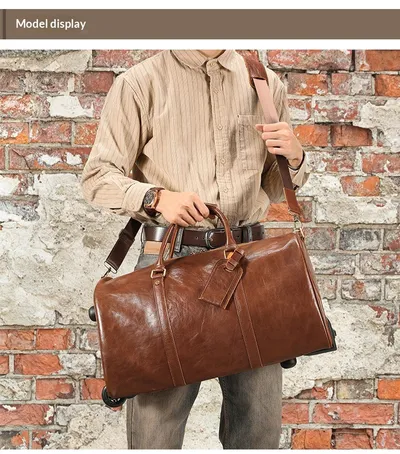 New Crazy Horse Leather Trolley Travel Bag, Retro Genuine Leather Travel Bag, Large Capacity Business Travel Luggage