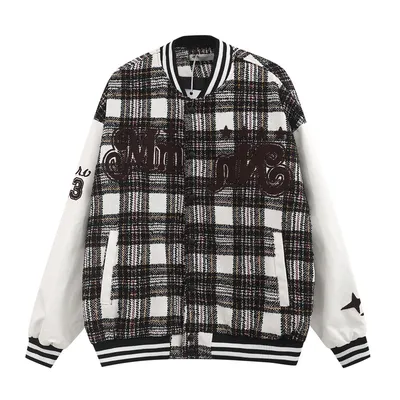 Contrast Panel Woven Plaid Baseball Jersey Men's