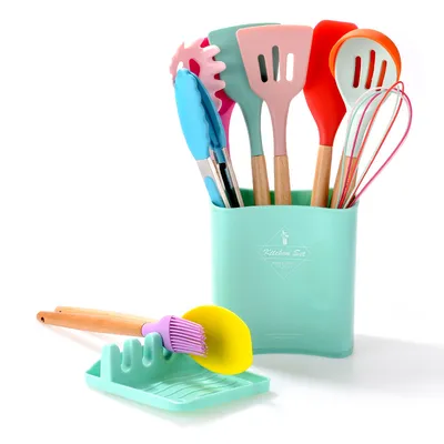 Kitchen Wooden Handle Kitchenware Set With Storage Square Bucket