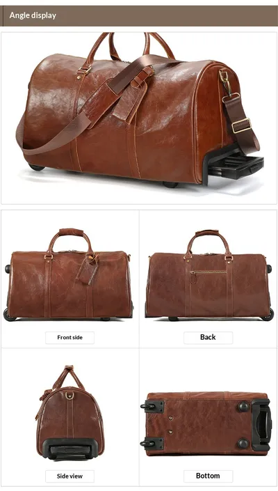 New Crazy Horse Leather Trolley Travel Bag, Retro Genuine Leather Travel Bag, Large Capacity Business Travel Luggage