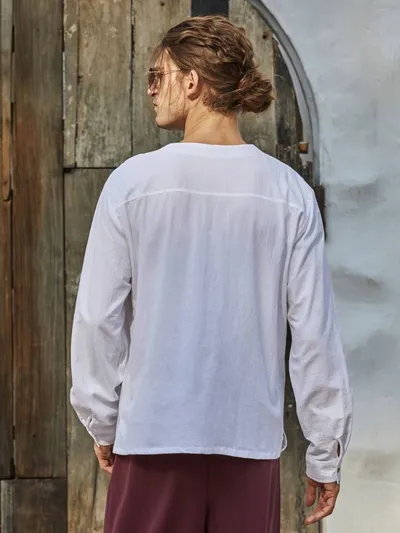 New Men's Youth Thin Two-Button V-Neck Linen Long Sleeve Shirt