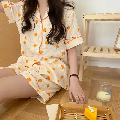 Orange Print Cute Women's Homewear Pajamas Set