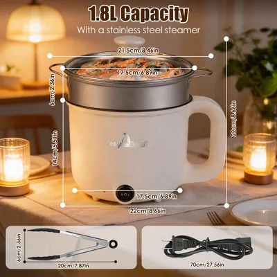 1Pc Electric Hot Pot With Steamer 1.8L Mini Portable Hot Pot With 300W 600W Dual Power For Egg Fried Rice Ramen Oatmeal Soup Overheat Protection For College Dorm Room Essential