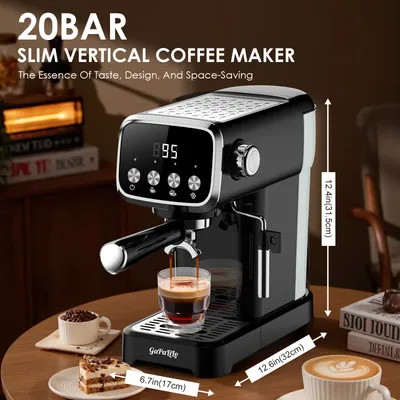 20 BAR Slim Espresso Machine With Milk Frother, Cup Warmer, 43 OZ Detachable Tank, For Espresso, Americano, Latte, Space-Saving, Screen Button, Black, Amazon Resale Prohibited