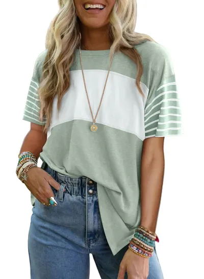 Women's New Style Crew Neck Pullover Casual Striped Color-Block Short-Sleeved T-Shirt
