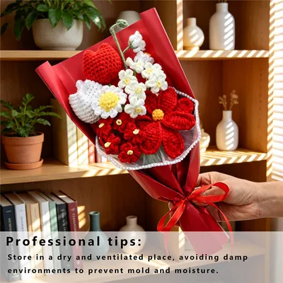 Handmade Crocheted Flower Bouquet, Red And White Tulips & Red Flowers Matched With Daisies And Tiny Blossoms, Soft Yarn Everlasting Knitted Bouquet, Indoor Home Decorative Ornament