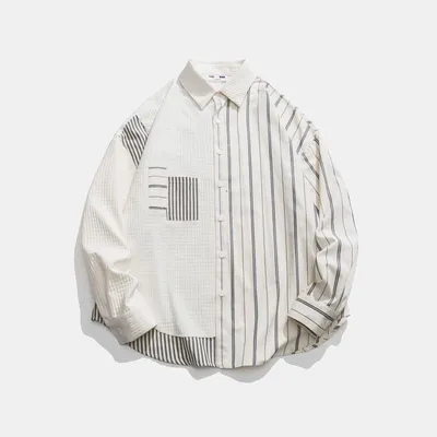 Trendy Sports Casual Irregular Stripes Stitching Lapel Long Sleeve Shirt
