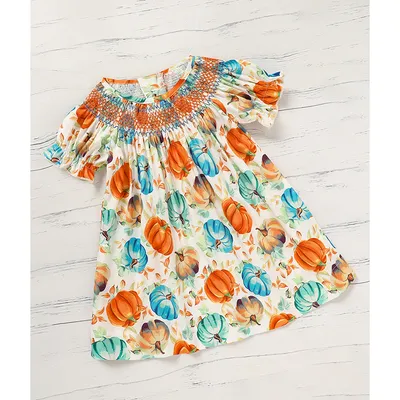 Toddler Baby Girl Pumpkin Smocked Dress Fall Thanksgiving Halloween Embroidered Princess Party Dresses Kids Fall Outfits Clothes