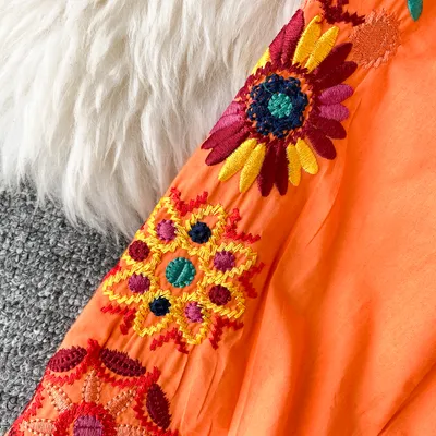 Women's Boho Embroidered V-Neck Loose Ruffle Long Skirt