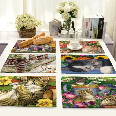 Fabric Cotton Linen Western Placemat Cute Cat Print First-hand Supply Tableware Mat Factory Wholesale
