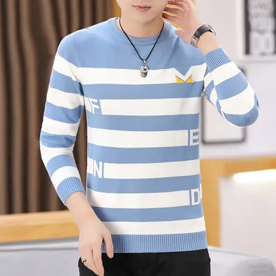 Men's Round Neck Striped Sweater Trend Slim Simple Knitted Sweater