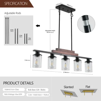 37  Farmhouse Industrial 5-Light Kitchen Island Pendant Light, Metal Wood Chandelier With Clear Glass Shades, Adjustable Height Hanging Fixture For Dining Room, Living Room, Kitchen  No Bulbs