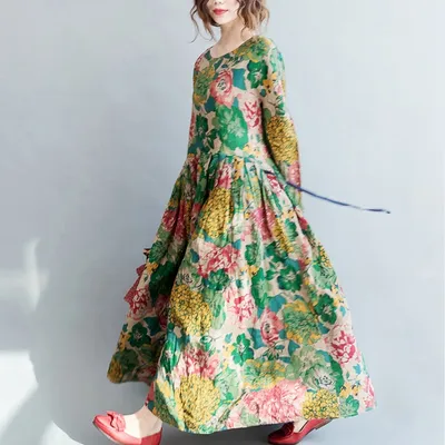 2026 Ethnic Print Long Sleeve Midi Dress, Plus Size