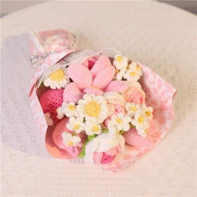 Handmade Crochet Pink Mixed Flower Bouquet, Knitted Yarn Everlasting Artificial Flowers, Pink Wrapped Floral Gift For Birthday, Mother's Day, Anniversary, Wedding & Home Table Decoration