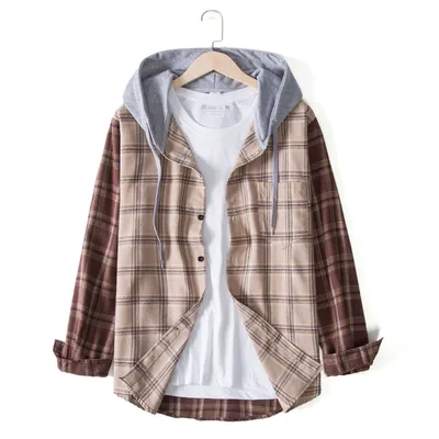Fashion Plaid Contrast Color Stitching Men's Slim Long-sleeved Shirt