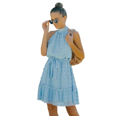 Jacquard Cutout Skirt Halterneck Chiffon Dress