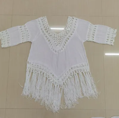 Hand Crochet Flower Stitching Fringed Beach Blouse Hollow Fashion Loose Holiday Sun Protection Clothing