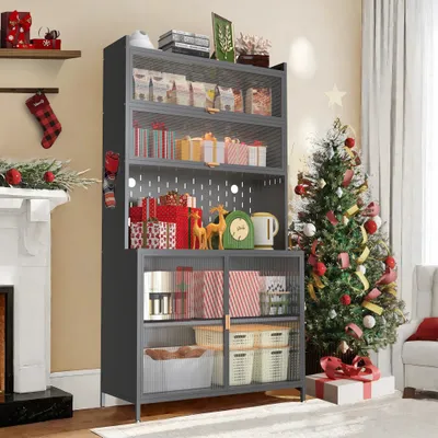 73'' Tall Kitchen Pantry Cabinet , 6 Level Flip Door With Pegboard Spacious, Adjustable & Stylish Metal Pantry Storage Cabinet, Anti-Tip Design Hutch For Kitchen, Dining Room, Living Room Grey