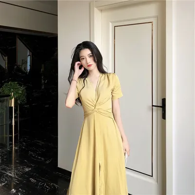 Light Yellow Long Skirt French Bellflower Waist Dress