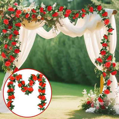 عبوة واحدة من أكاليل الورد الأحمر الاصطناعية، أغصان الكينا المزيفة، إكليل اللبلاب البلاستيكي المعلق، زينة مثالية لحفلات الزفاف، وحفلات الزفاف، والحدائق المنزلية، والحفلات الخارجية، وتزيين الجدران، ورف