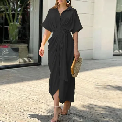 Women's Lapel Mid Length Short Sleeve Single Breasted Dress