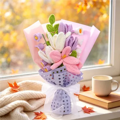 Lavender Tone Hand Crochet Flower Bouquet, Forever Crochet Floral Keepsake Gift For Women, Romantic Indoor Table Ornament
