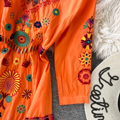 Women's Boho Embroidered V-Neck Loose Ruffle Long Skirt