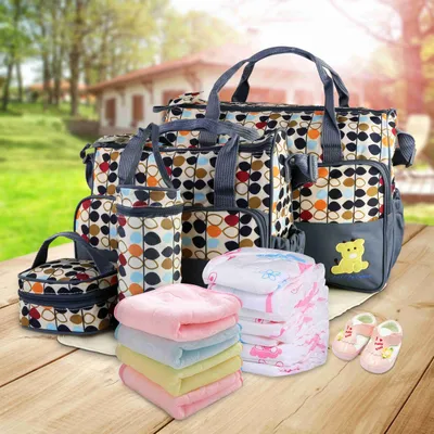 5PCS Per Set Baby Nappy Diaper Bags For Spring Travel Set Mummy Diaper Shoulder Bags WithNappy Changing Pad Insulated Pockets Travel Tote Bags For Mom Dad