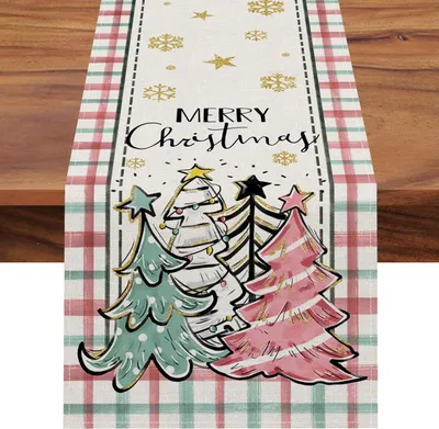 Christmas Trees Merry Xmas Table Runner, Seasonal Winter Holiday Kitchen Dining Table Decoration