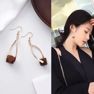 Retro red wooden earrings cold wind long ear hook earrings female