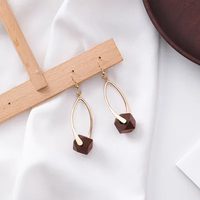 Retro red wooden earrings cold wind long ear hook earrings female