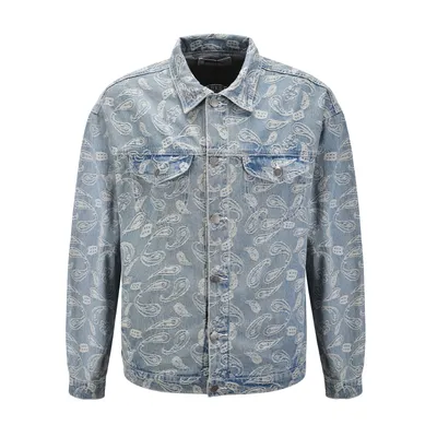 Trends in Europe and America Cashew flower jacquard pattern Unisex Retro hip hop loose denim jacket