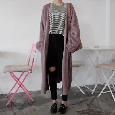 Medium long curled solid color lazy loose knit long sleeve sweater coat