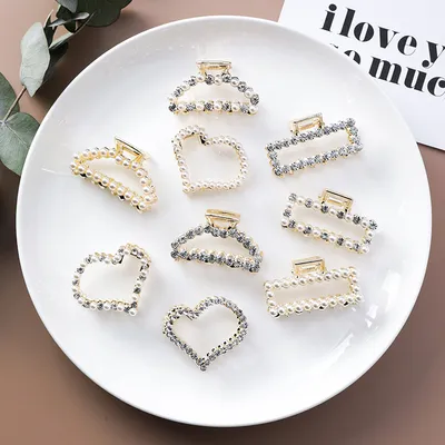 Geometric Square Love Curved Pearl Rhinestone Hair Clip