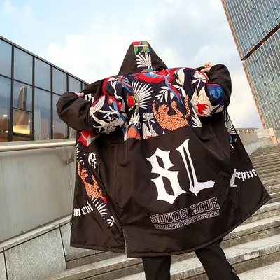 Graffiti printed hooded cotton coat