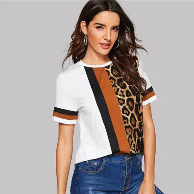 White Color Block Cut-and-Sew Leopard Panel Top Short Sleeve O-Neck Casual T Shirt Women Summer Leisure Tshirt Tops