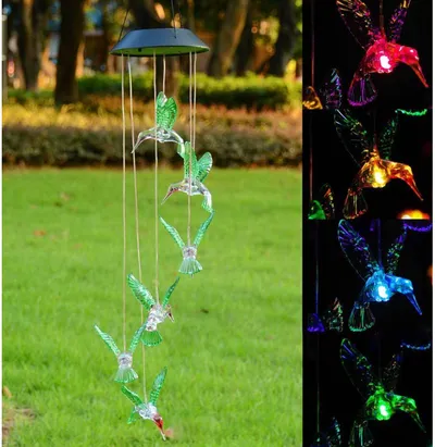 Color Changing Solar Power Wind Chime Crystal Ball Hummingbird Butterfly Waterproof Outdoor Windchime Light For Patio Yard Garde