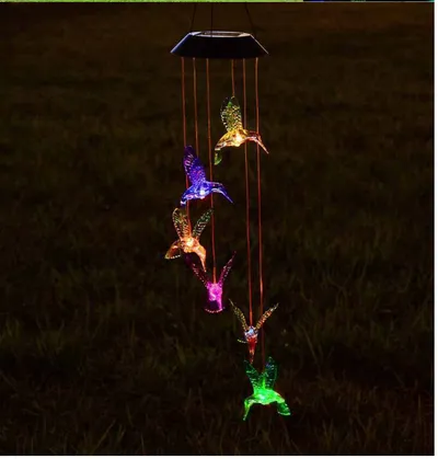 Color Changing Solar Power Wind Chime Crystal Ball Hummingbird Butterfly Waterproof Outdoor Windchime Light For Patio Yard Garde