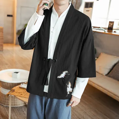 Chinese Cardigan Men's Jacket Embroidered Thin Quarter Sleeve Hanfu Windbreaker