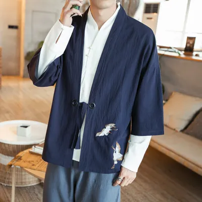 Chinese Cardigan Men's Jacket Embroidered Thin Quarter Sleeve Hanfu Windbreaker