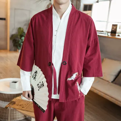 Chinese Cardigan Men's Jacket Embroidered Thin Quarter Sleeve Hanfu Windbreaker
