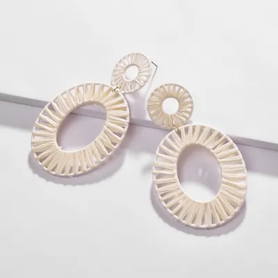 Fashion Jewelry Bijoux Rainbow Colorful Raffia Earring Big Oval Straw Statement Earrings for Summer