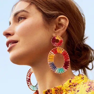 Fashion Jewelry Bijoux Rainbow Colorful Raffia Earring Big Oval Straw Statement Earrings for Summer