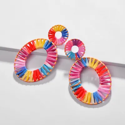 Fashion Jewelry Bijoux Rainbow Colorful Raffia Earring Big Oval Straw Statement Earrings for Summer