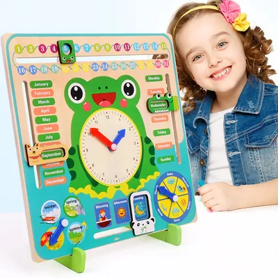 Montessori Wooden Toys Baby Weather Season Calendar Clock Time Cognition