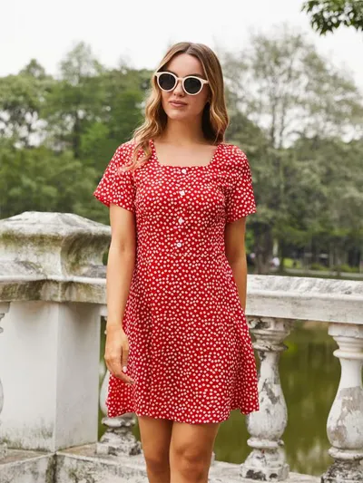 Square Collar Small Floral Dress Women