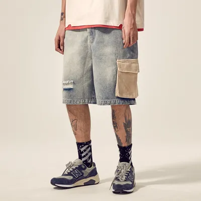 Men's distressed stitching loose denim shorts