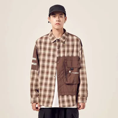 Pocket stitching loose drop shoulder plaid shirt
