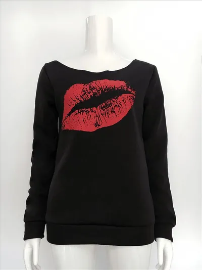 Long-sleeved autumn sweater red lips big lips pattern slanting shoulders