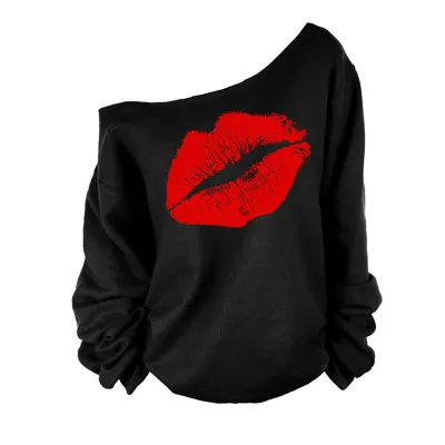 Long-sleeved autumn sweater red lips big lips pattern slanting shoulders